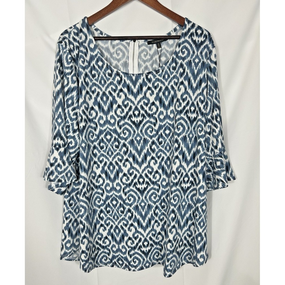 Ellen Weaver Womens Liquid Knit Top Size 3X Blue Boho Coastal Stretch Sleeves